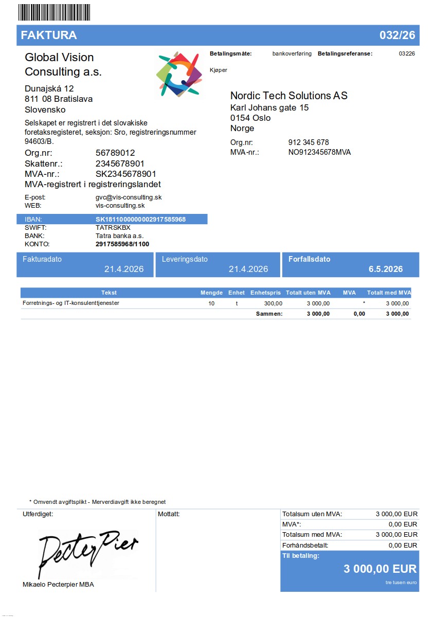 Ukážková faktúra – Nórčina