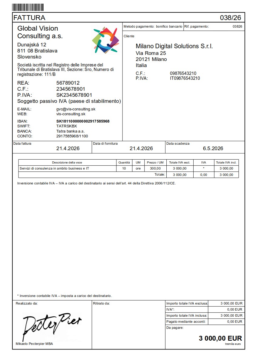 Ukážková faktúra – Taliančina